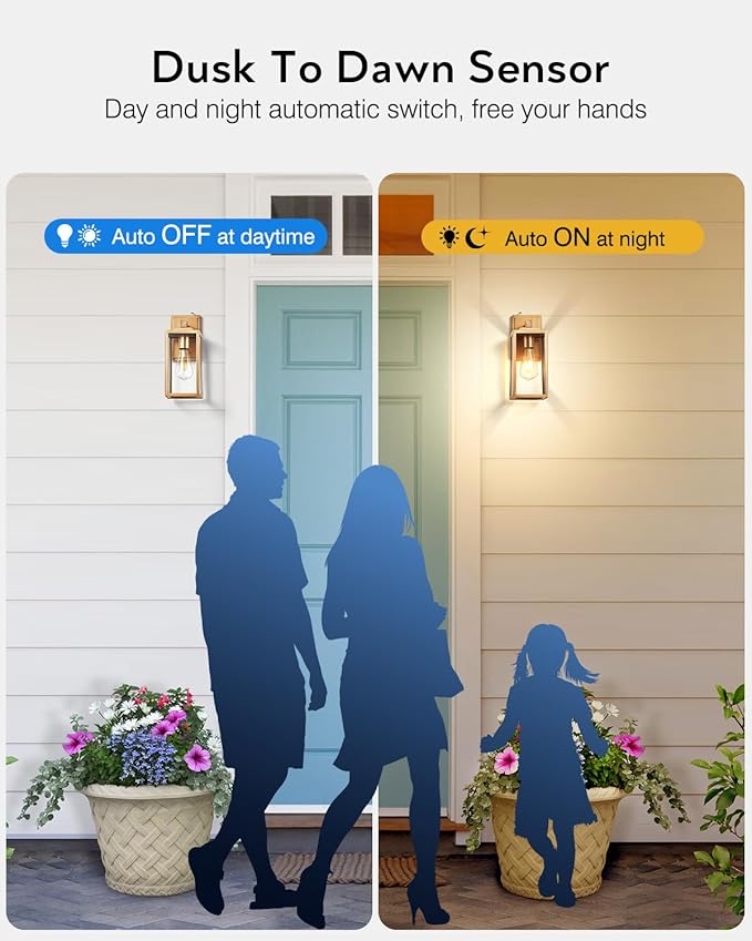 VIANIS Dusk to Dawn Outdoor Wall Lanterns, 2 Pack Golden Exterior Lighting Fixtures Wall Mount Sconces with Photocell Sensor, Waterproof Gold Porch Light Outside Garage Sconces Lamps for House Patio