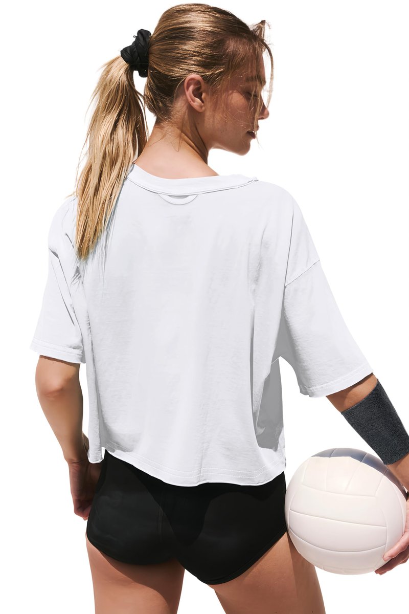 Summer Crop Tops for Women White Cotton Tshirts Short Sleeve Drop Shoulder Workout Yoga Tees L