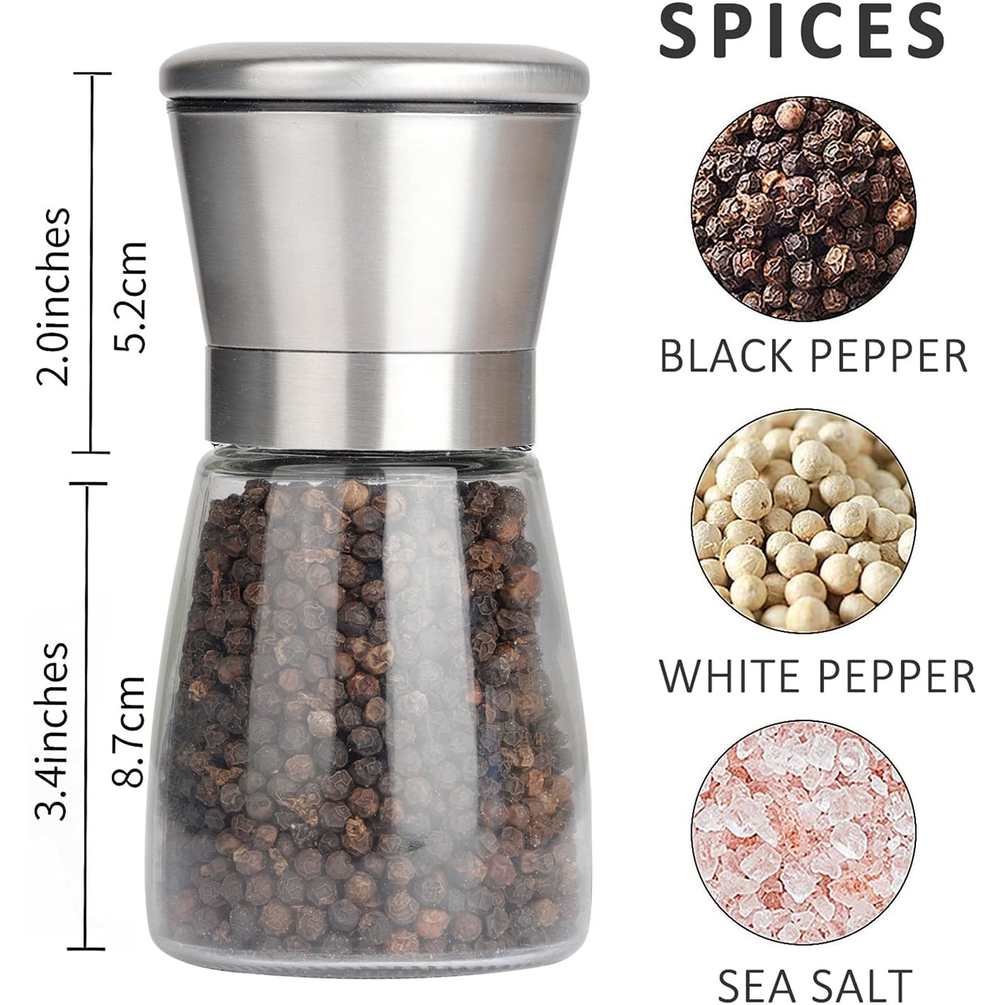 Gulex® Pepper Grinder Pepper Mill, Salt Grinder Refillable,(Single Package) Adjustable, Stainless Steel Sea Salt Shaker with Ceramic Rotor (1 pack)