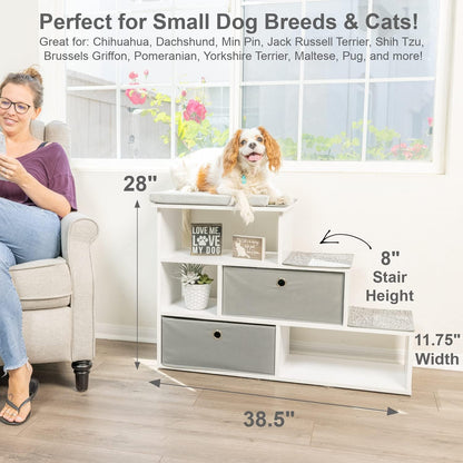 PetFusion Pet Step Window Perch White Bookshelf with Storage Baskets for Dogs and Cats - Modern Pet Furniture with Premium Foam Perch Pad