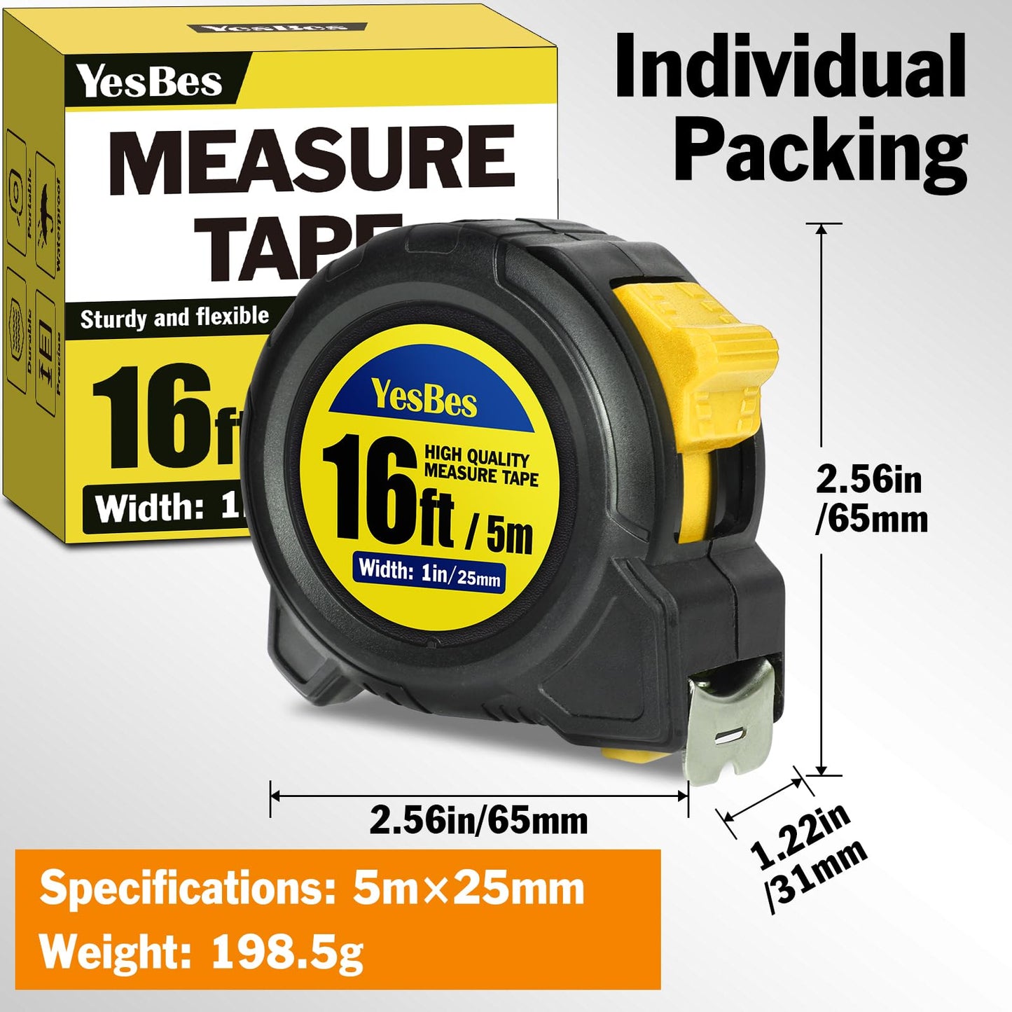 Tape Measure 16 ft, 2 Pack Easy Read Measurement Tape, Self-Locking Measuring Tape Retractable 1-Inch Wide x 16 ft