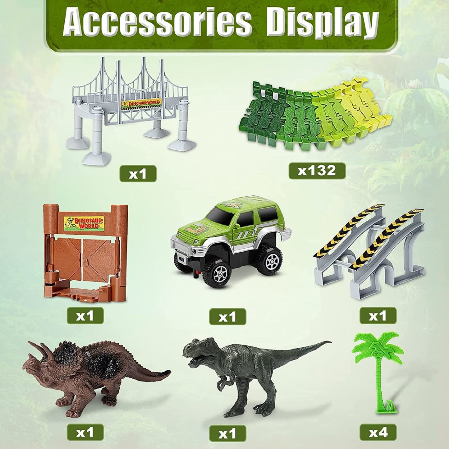 Dinosaur Toys for 3-7+ Year Old Boys Girls, Flexible Tracks Race Car Set, World Road Race Birthday Gift for Kids Aged 3-5