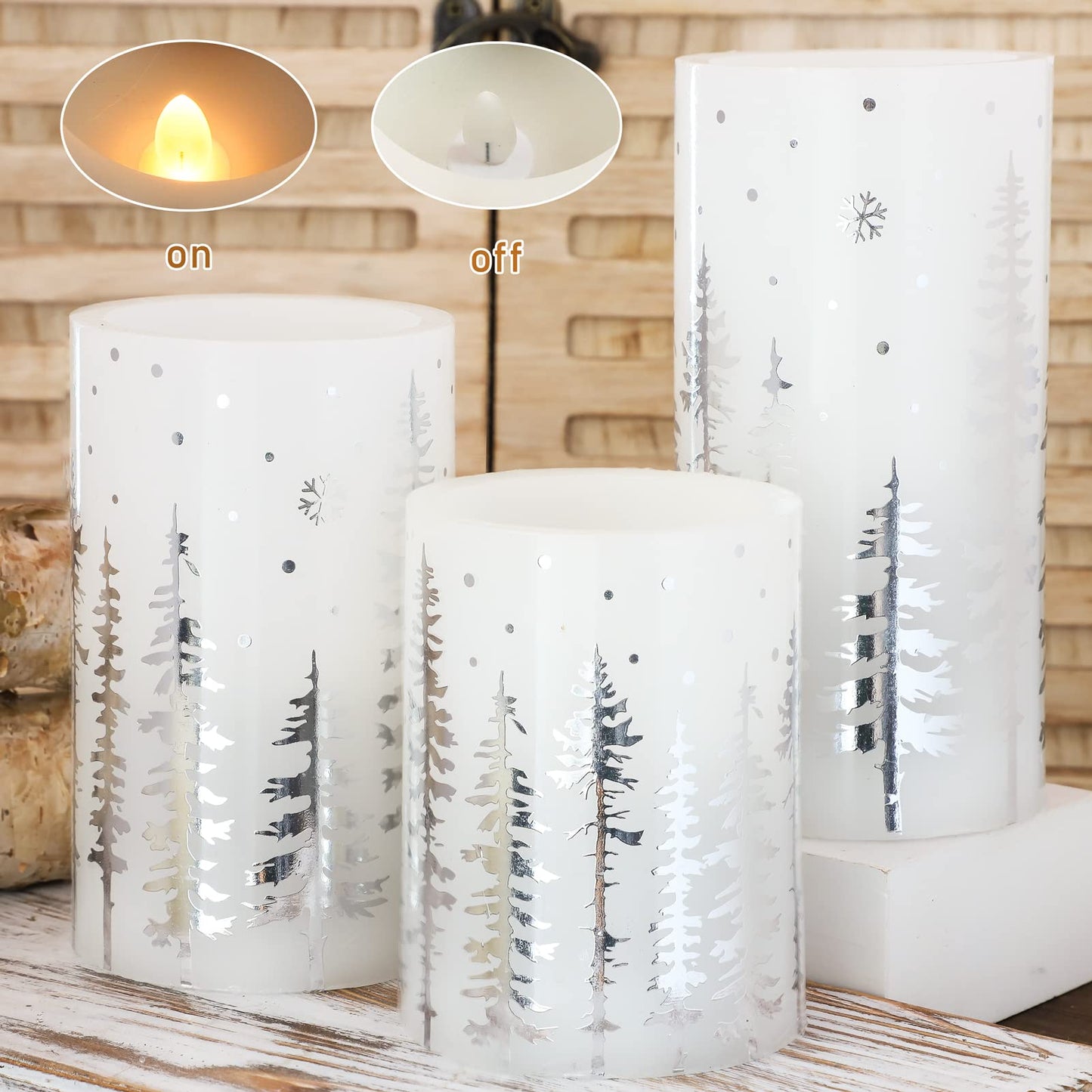 FLAVCHARM Christmas Flameless Candles, Battery Operated, Hot Stamping Silver Xmas Tree LED Flickering Candles with Remote and Timer, Holiday Decorative Pillar for Xmas, Party, Bedroom
