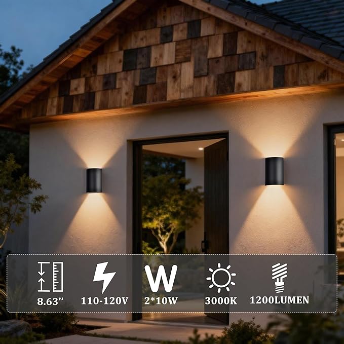Modern Black LED Up and Down Lights Outdoor, Waterproof Exterior Wall Sconce Lighting, 3000K Integrated LED Porch Light Fixture for House, Garage, and Patio