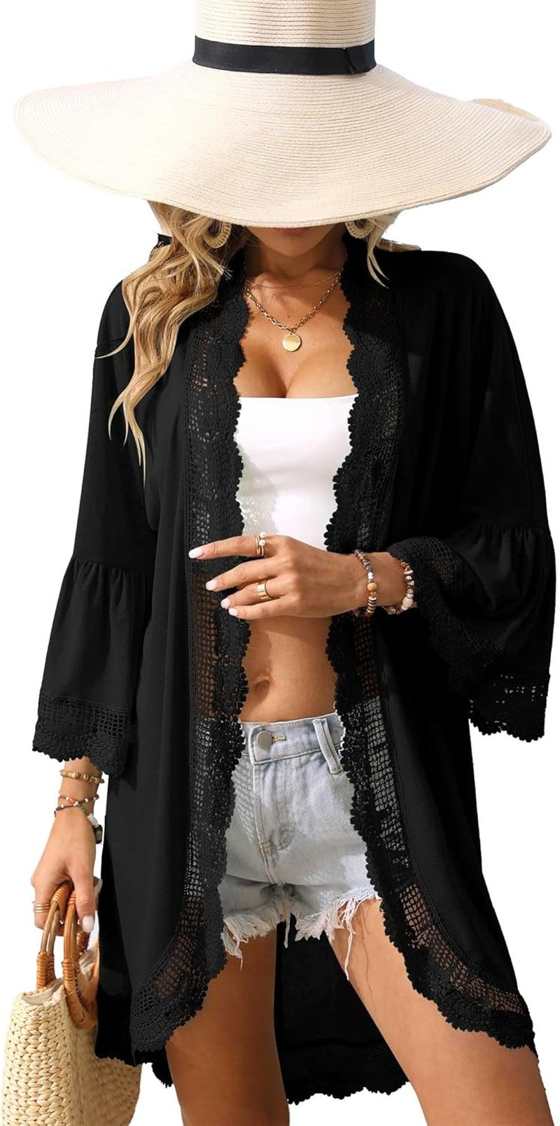 Women's Lightweight Summer Cardigan - 3/4 Ruffle Sleeve with Lace Details | Stylish Kimono