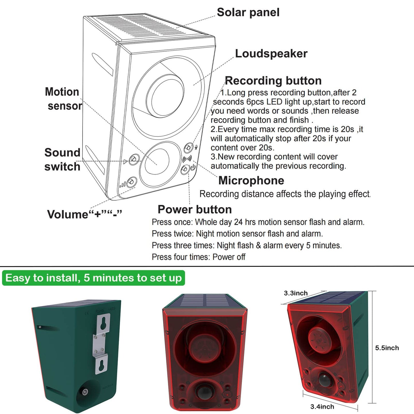 SENKEFEI SS Solar Outdoor Motion Sensor Alarm - Dog Barking & Gunshot Sound 130db Motion Detector Alarm Light,with Remote Controller for Home, Villa,Yard,Chicken coop,Farm,Barn, ZFD-11N-01, Green&red