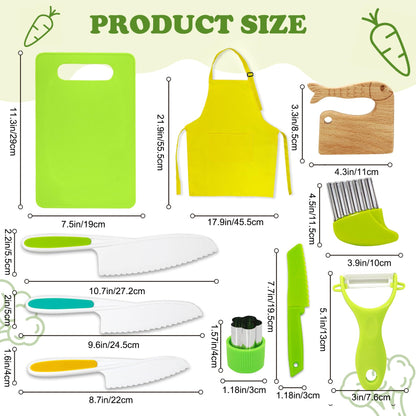 15 PCS Montessori Kitchen Tools for Toddlers Kids Cooking Sets, Apron, Serrated Toddler Knife, Crinkle Cutter, Sandwich Cutter, Wooden Fruit Knife, Y Peeler, Cutting Board for Cooking Kid Safe Knive