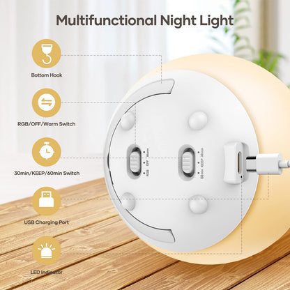 LED Night Light, Night Light for Kids, USB Rechargeable Table Lamp with Dimmable,Warm Light,7 Colors,Touch Control, 0.5/1hour Timer for Nursery, Baby,Bedroom,Camping