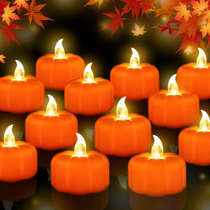 Fall Decorations for Home Pumpkin Tea Lights, 12 Pack LED Orange Pumpkin Lights Flameless Candles Battery Operated, Halloween Thanksgiving Flickering Tealight Candle for Home Table Indoor Party Decor