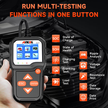 ANCEL BA301 6V 12V Car Battery Tester, 100-2000 CCA Automotive Load Tester Alternator Tester Auto Digital Battery Analyzer Cranking and Charging System Test Tool for Motorcycle Car Boat Truck SUV ATV