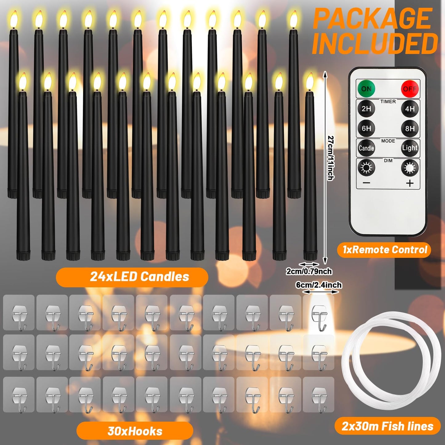 Liliful 24 Pcs Halloween Hanging Floating Candles Flameless LED Taper Candles Magic Hanging Flameless Candles Battery Operated Warm Light for Halloween Party Decor(Black,11.8inch)
