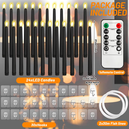 Liliful 24 Pcs Halloween Hanging Floating Candles Flameless LED Taper Candles Magic Hanging Flameless Candles Battery Operated Warm Light for Halloween Party Decor(Black,11.8inch)