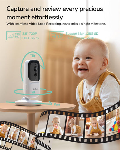 Dr.Care NeoView Video Baby Monitor -3.5” Screen, 2-Way Audio, Video Loop Recording, Night Vision, Real-Time/VOX Monitoring, Temperature Sensor, Lullabies, No Wi-Fi (Supports Up to 128GB)
