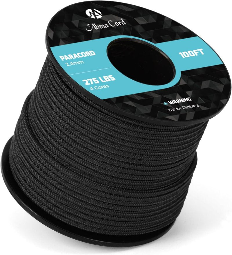 Paracord 275 - 100ft 2.4mm Tactical Nylon Rope | 4 Strands, Max 275lbs - Black