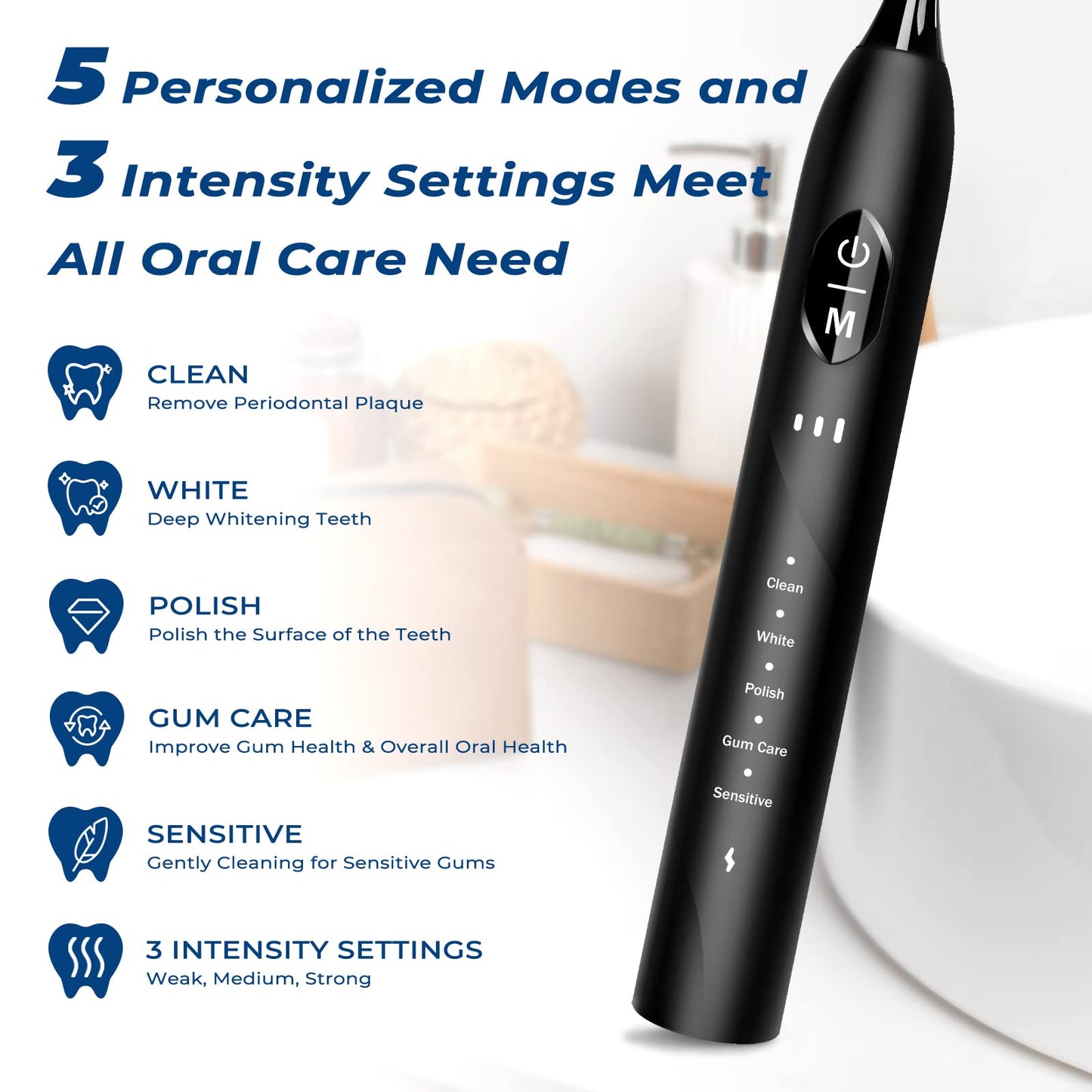 PERBOL Sonic Electric Toothbrush for Adults, Rechargeable with 6 Replacement Brush Heads, 5 Modes and 3 Intensity Levels 2 Minutes Smart Timer Reminder Travel, Gift (Antique Black), 9, 95.0 grams