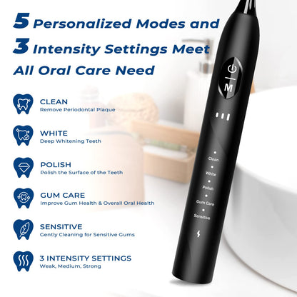 PERBOL Sonic Electric Toothbrush for Adults, Rechargeable with 6 Replacement Brush Heads, 5 Modes and 3 Intensity Levels 2 Minutes Smart Timer Reminder Travel, Gift (Antique Black), 9, 95.0 grams