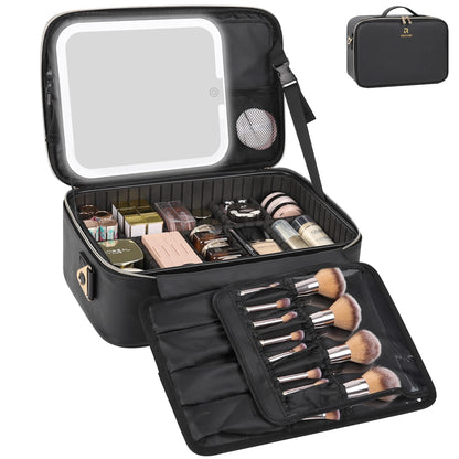 Relavel Travel Makeup Bag With LED Mirror, Cosmetic Train Case with Light up Mirror, Portable Makeup Artist Organizer Bag with Adjustable Dividers, Makeup Brush Holder Storage, Black