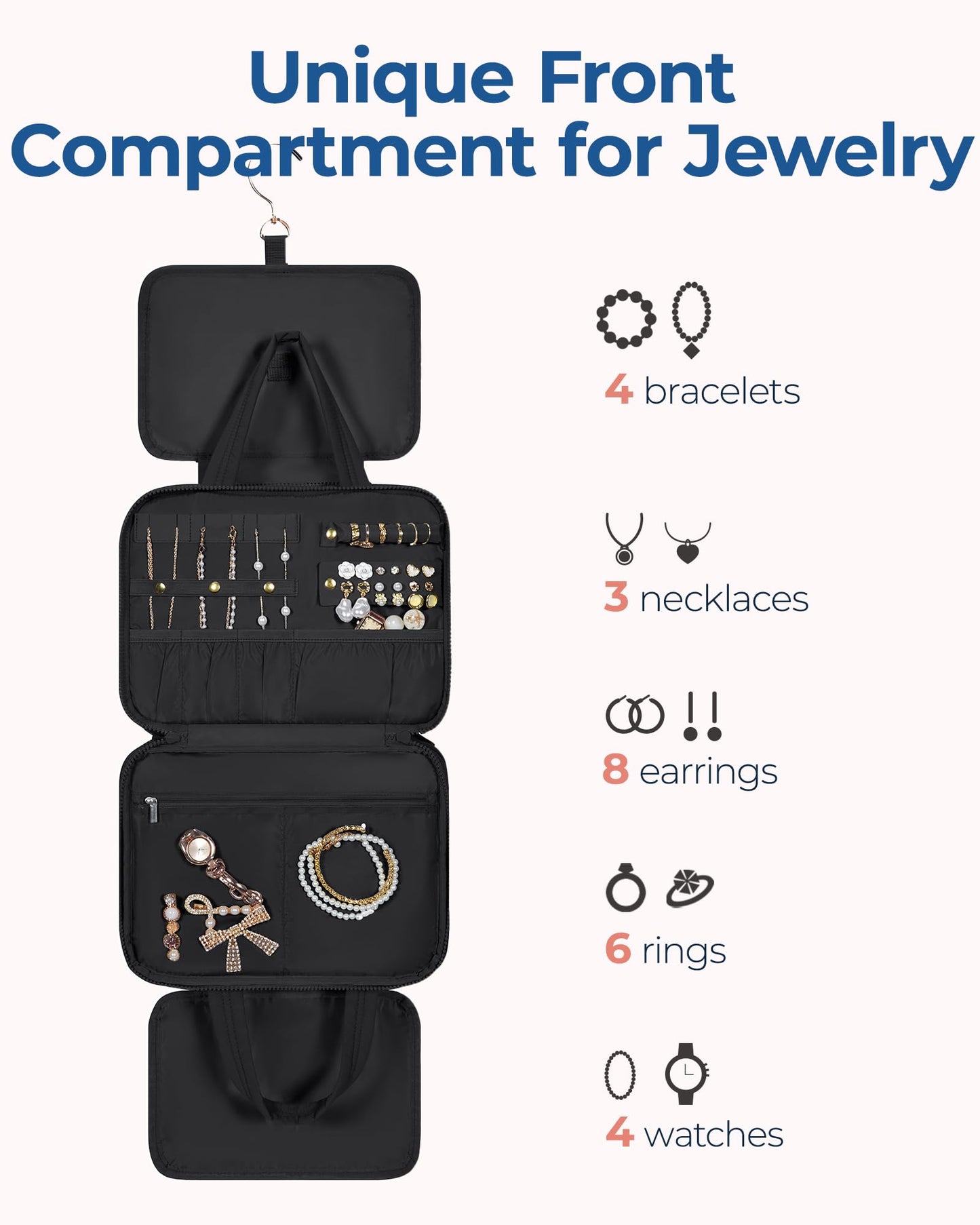 BAGSMART Travel Toiletry Bag with Jewelry Organizer, Hanging Travel Bag for Toiletries, Puffy Makeup Cosmetic Bag Organizer, Carry-on Travel Accessories Essentials, Black-M