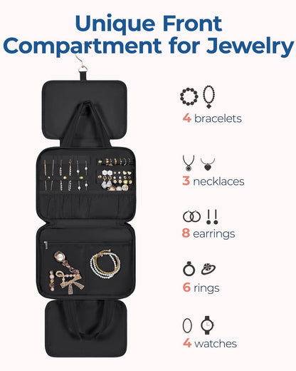 BAGSMART Travel Toiletry Bag with Jewelry Organizer, Hanging Travel Bag for Toiletries, Puffy Makeup Cosmetic Bag Organizer, Carry-on Travel Accessories Essentials, Black-L