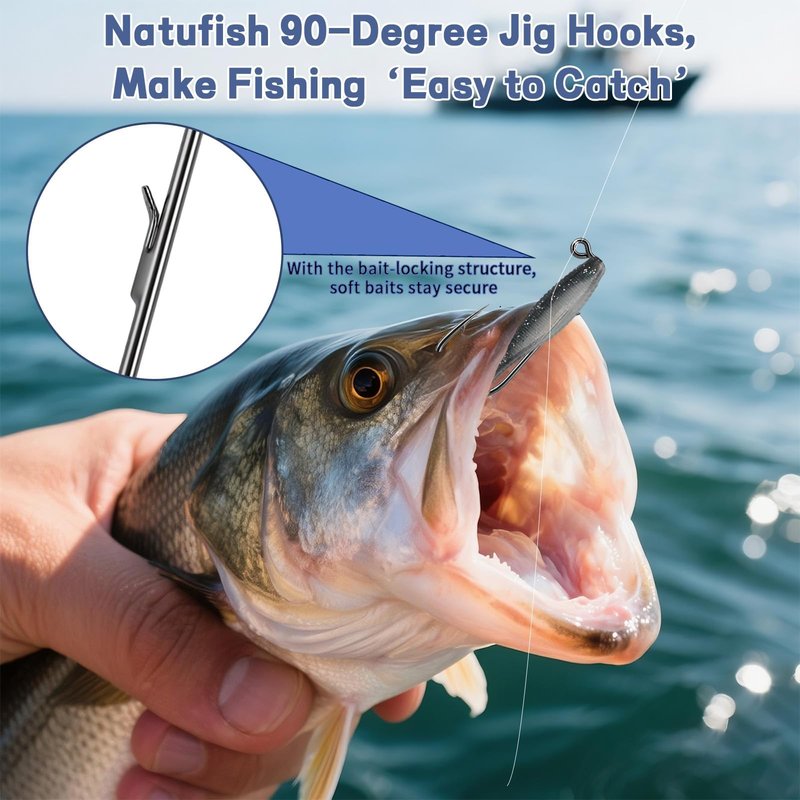 Natufish 50-Pac Swimbait Hooks 90-Degree Jig Hooks with Wire Keeper for Freshwater & Saltwater Fishing, Bass Trout Fly Tying, Durable Jig Mold Making Supplies