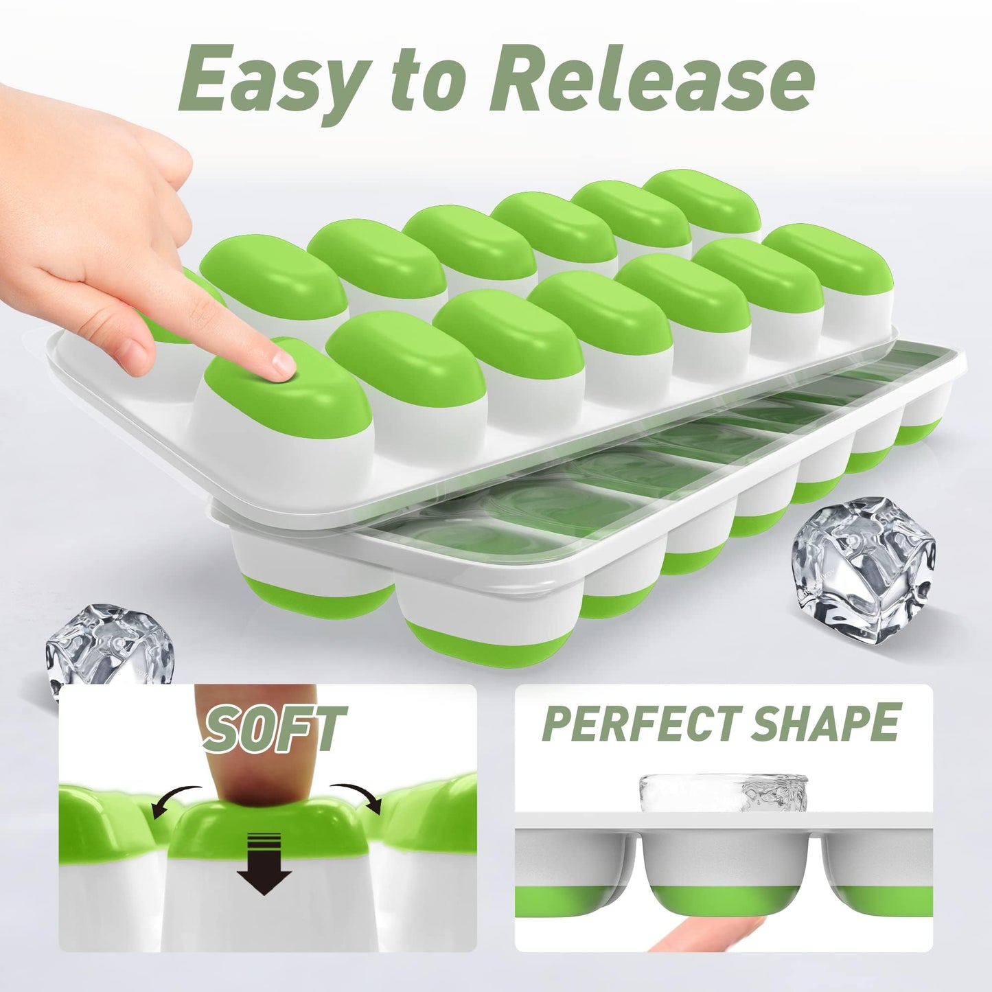 ChefAide Ice Cube Tray with Lid, 4 Packs 56 Cubes Durable Stackable Ice Cube Trays for Freezer with Removable Lids, Easy-Release Plastic & Silicone Ice Tray for Cocktail, Coffee