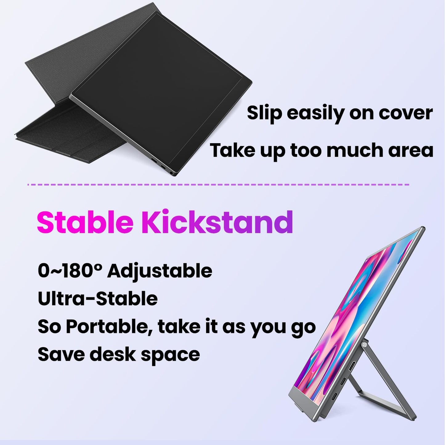 Portable Monitor 15.6" FHD 87% sRGB 60Hz IPS HDR HDMI USB-C Travel Monitor for Laptop MacBook PC Surface PS5 Xbox, External Display with Kickstand & Speakers, VESA Compatible