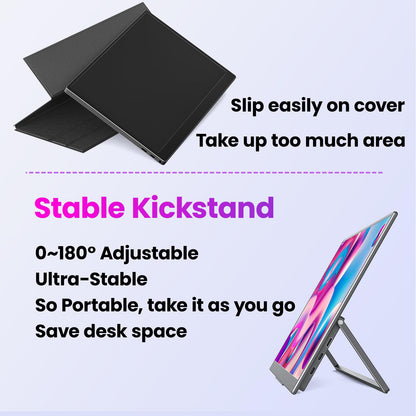 Portable Monitor 15.6" FHD 87% sRGB 60Hz IPS HDR HDMI USB-C Travel Monitor for Laptop MacBook PC Surface PS5 Xbox, External Display with Kickstand & Speakers, VESA Compatible