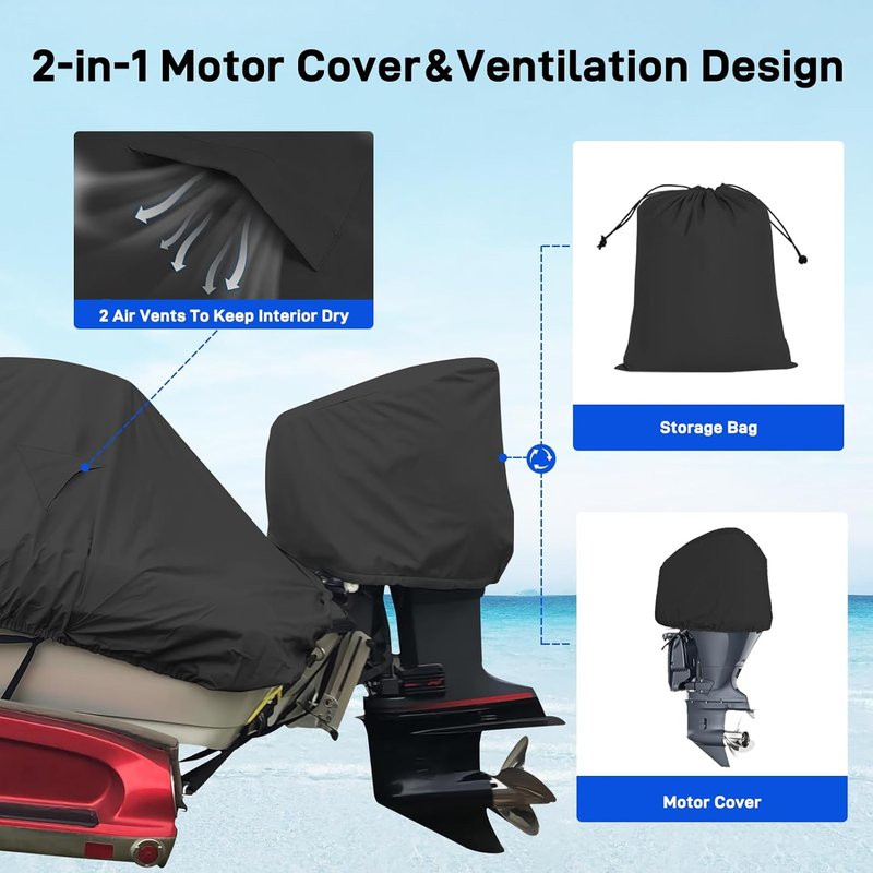 Bass Boat Covers | 600D Heavy Duty Waterproof Cover for 17-19ft V-Hull & Fishing Boats - Includes Motor Cover