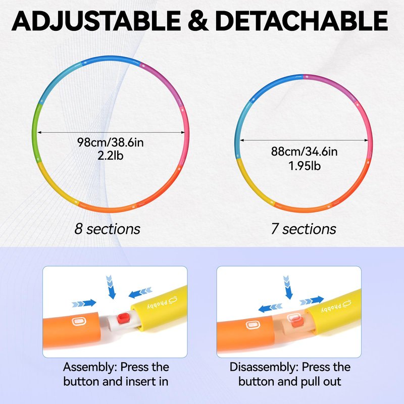 Phobby Weighted Exercise Hoop for Adults, 2.2lbs Adjustable Fitness Hoop, 8 Detachable Hoop Sections with Jump Rope & Storage Bag, Home Gym Workout