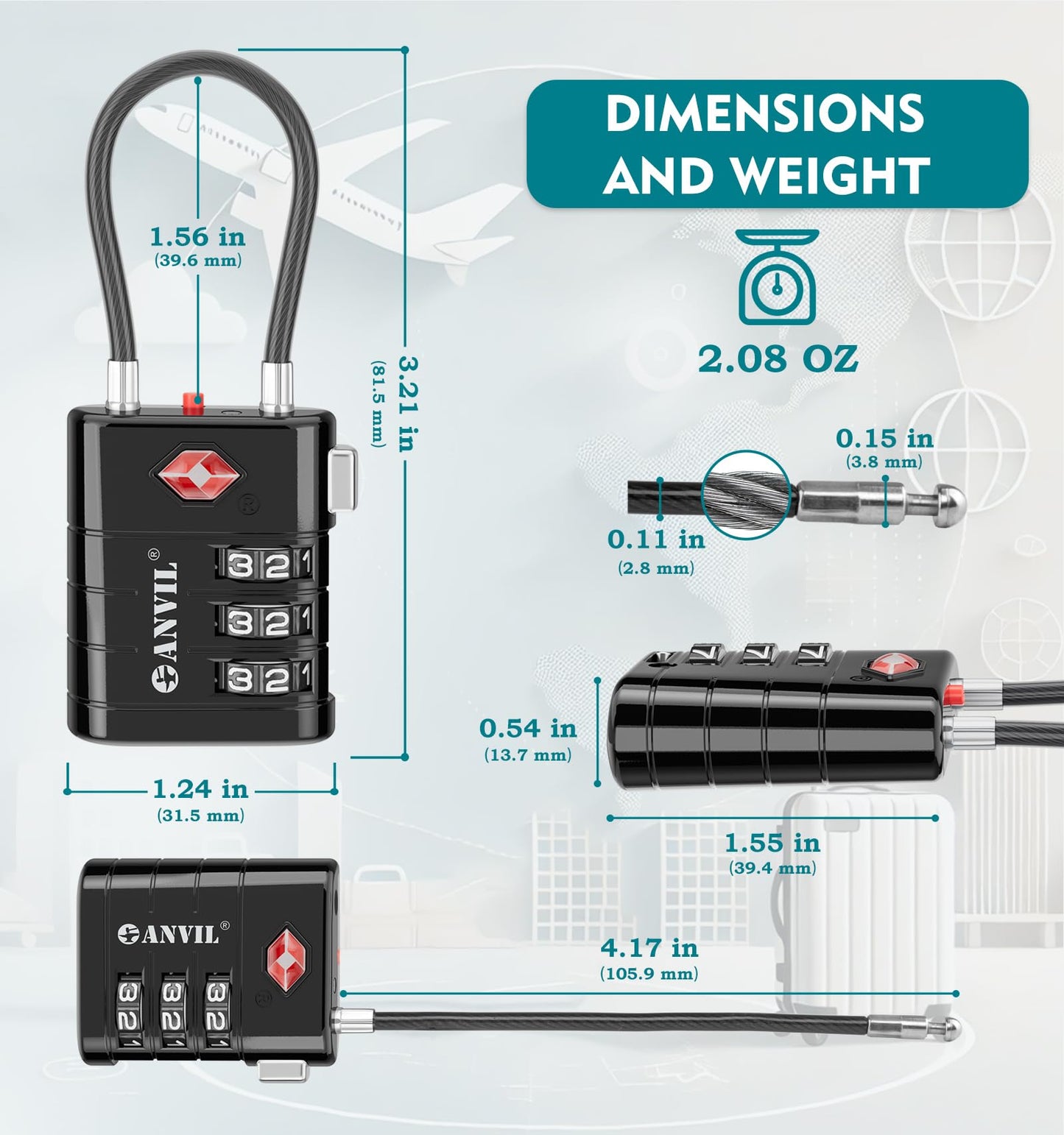 ANVIL TSA Approved Luggage Locks – High Security TSA008 Combination Travel Locks with Inspection Indicator for Suitcases and Backpacks. (2, Black)