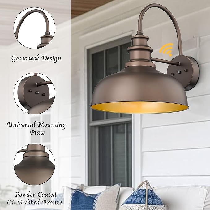 Bestshared 14 Inch Dusk to Dawn Gooseneck Barn Lights Farmhouse Outdoor Wall Sconce Industrial Exterior Wall Lighting Fixture Vintage Porch Lantern Lamp for Patio,Garage,Front Doo(ORB+Gold, 14"-2Pack)