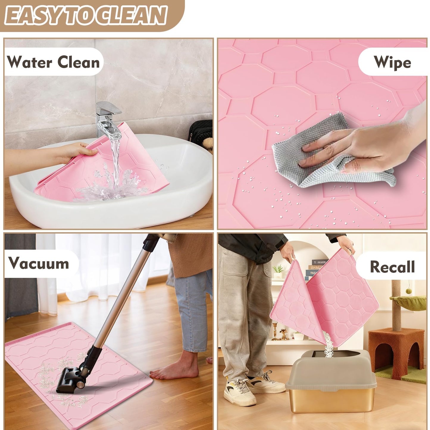 Silicone Cat Litter Mat, 34“ x 22” Waterproof Cat Litter Mats for Floors, Raised Edges Prevent Leaks and Make Cleaning Easy (Pink)
