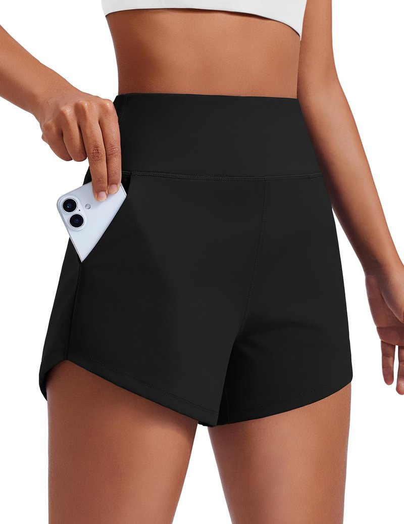 PINSPARK Womans Athletic Running Shorts Workout Sports Active Short Yoga Fitness 3.5" Inseam Soft Smooth Gym Shorts with Side Pockets, Black Medium
