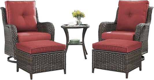 Rilyson Wicker Patio Furniture Set - 5 Piece Rattan Outdoor Sectional Conversation Sets with 2 Swivel Rocking Chairs,2 Ottomans and 1 Side Table for Porch Deck Garden(Brown/Red)