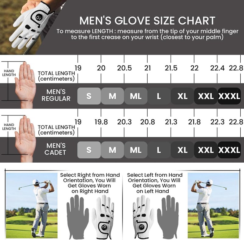 FINGER TEN Men’s Golf Gloves Left Hand Right with Ball Marker 2 Pack, Weathersof Grip Soft Comfortable, Fit Size Small Medium ML Large XL (Cadet S, Worn on Left Hand)