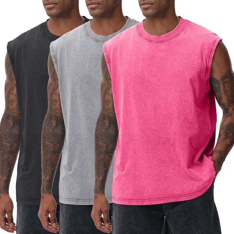 SnowElve 3 Pack Mens Workout Tank Tops Sleeveless Tee Shirts Men Muscle Shirt Gym Acid Wash T Shirts Running Beach Loose Fit Tee(PKGYBK,3XL)