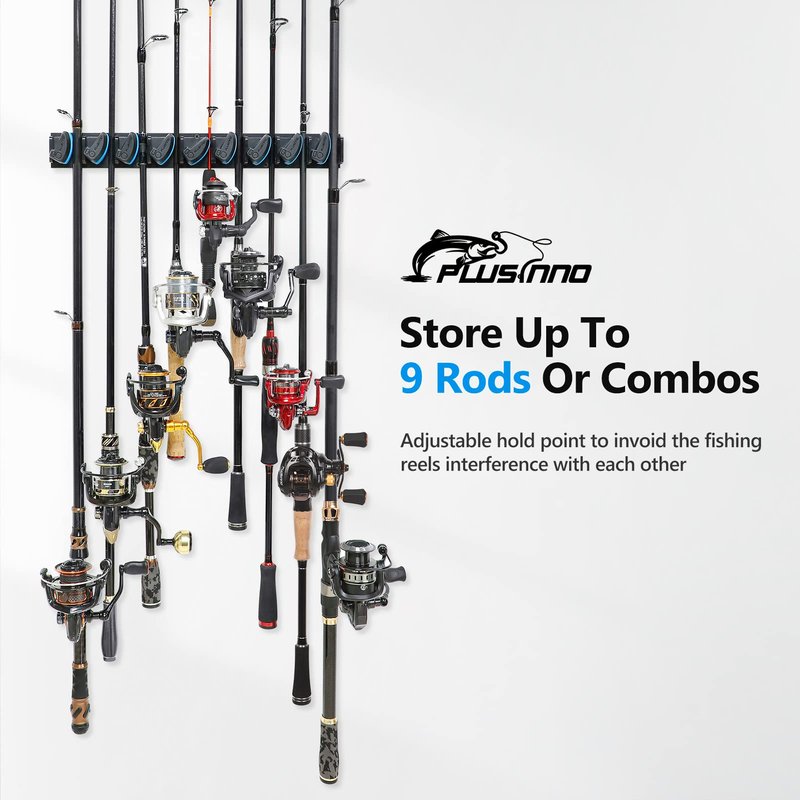 PLUSINNO 2 pack Vertical Fishing Rod rack, Wall Mounted Fishing Rod holder, 2 Packs Fishing Pole Holders Hold Up to 18 Rods or Combos, Fishing rod holders for garage, Fishing Gear and Gifts for Men