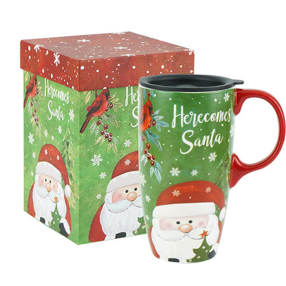 Topadorn 17oz Christmas Ceramic Travel Coffee Mug with Sealed Lid Tea Cup with Color Box, Microwave & Dishwasher Safe, Unique Coffee Mug for Latte & Hot Chocolate, Christmas Home Gifts, Santa