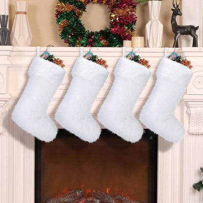 JOVITEC 4 Pcs 20 Inch White Christmas Stockings Faux Fur Snowy Christmas Stockings Xmas Fireplace Hanging Stocking Candy Gift Bags for Holiday Decorations