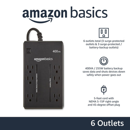 Amazon Basics UPS Battery Backup & Surge Protector 400VA/255W, 6 Outlets, Standby Uninterruptible Power Supply, for Power Outage Protection, Compact, Black