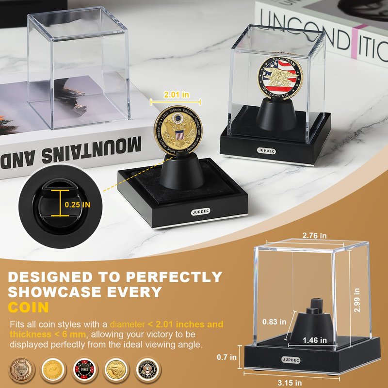 JupDec Coin Display Case, Clear Acrylic Single Coin Holder with Durable Base, Dustproof Cube Showcase with Black Velvet Interior, Ideal Gift for Challenge Coin Fans & Collectors