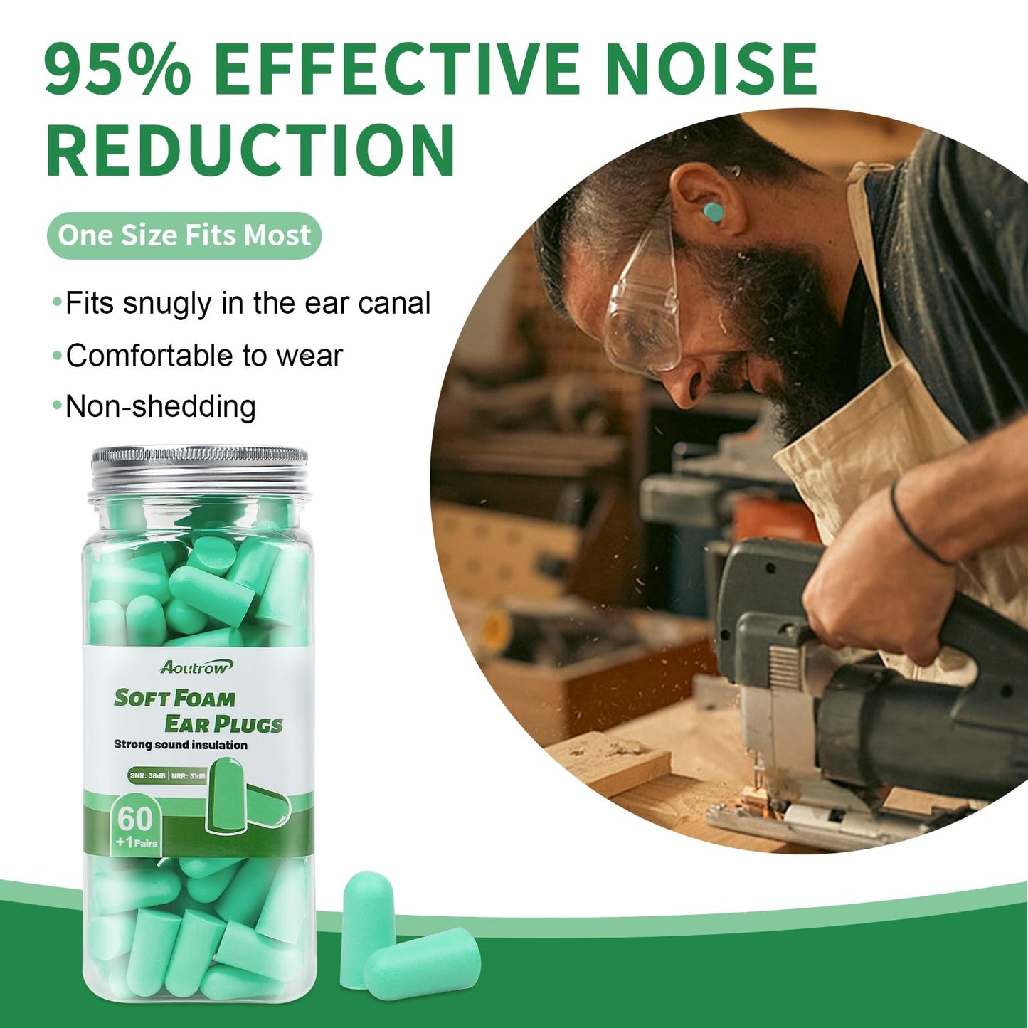 Aoutrow 60 Pairs Soft Foam Ear Plugs, 38dB SNR Slow Rebound Ear Plugs for Sleeping Noise Cancelling, Noise Reduction, Work, Swimming, Shooting, Studying, Green