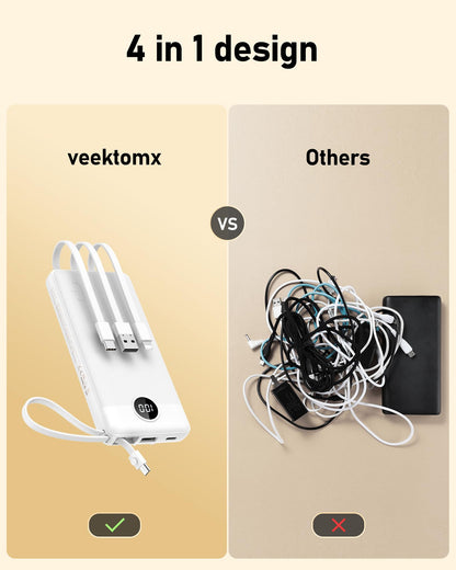 VEEKTOMX Portable Charger Built-in Cables,10000mAh Power Bank for iPhone,Fast Charge USB C Battery Pack Travel Essentials Powerbank Compatible with iPhone 17/16/15/14, Samsung S25/24, Android, etc