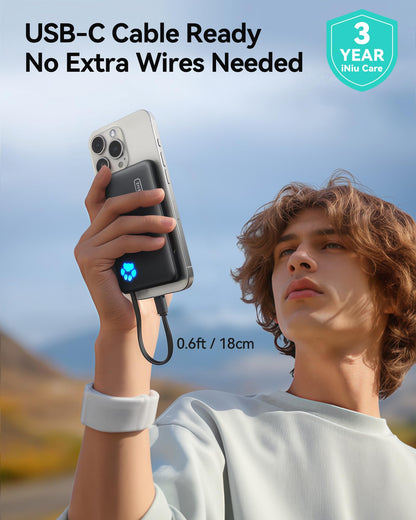INIU 45W Portable Charger, 10000mAh Built-in USB C Cable Fast Charging Power Bank, Small Type C Battery Pack, Powerbank for iPhone 17 16 15 14, iPad, Samsung S25 S24 etc. Travel Camping Essentials
