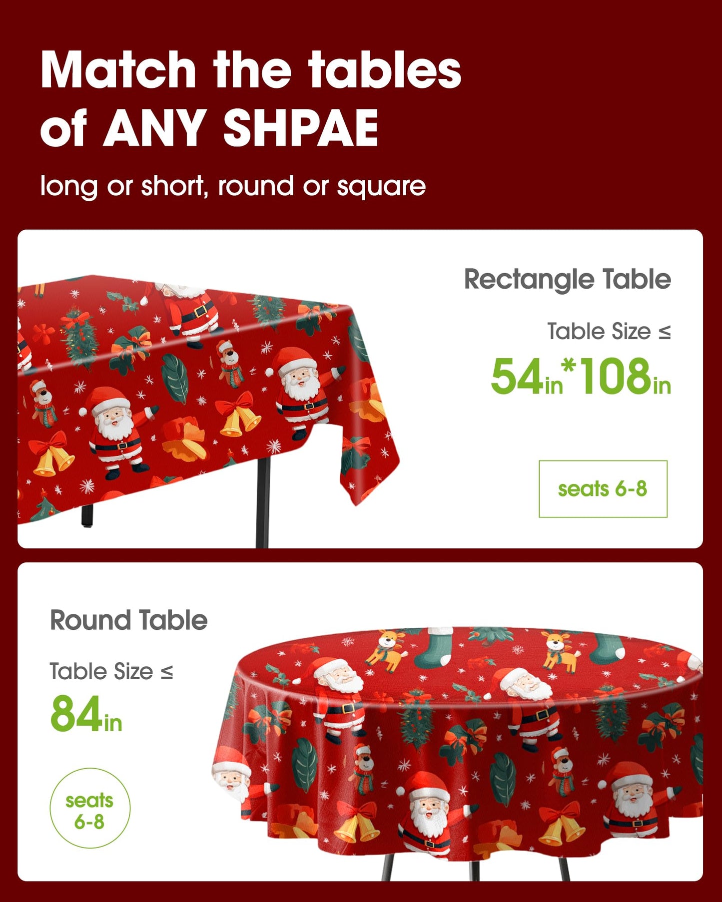 Pureegg Plastic Table Cloth Disposable 6 Pack, 54 x 108 Inch Table Cloths, Christmas Decorations, Xmas Decor, Party Tablecloths, Rectangle, Holiday Plastic Cover, Waterproof, Christmas Red