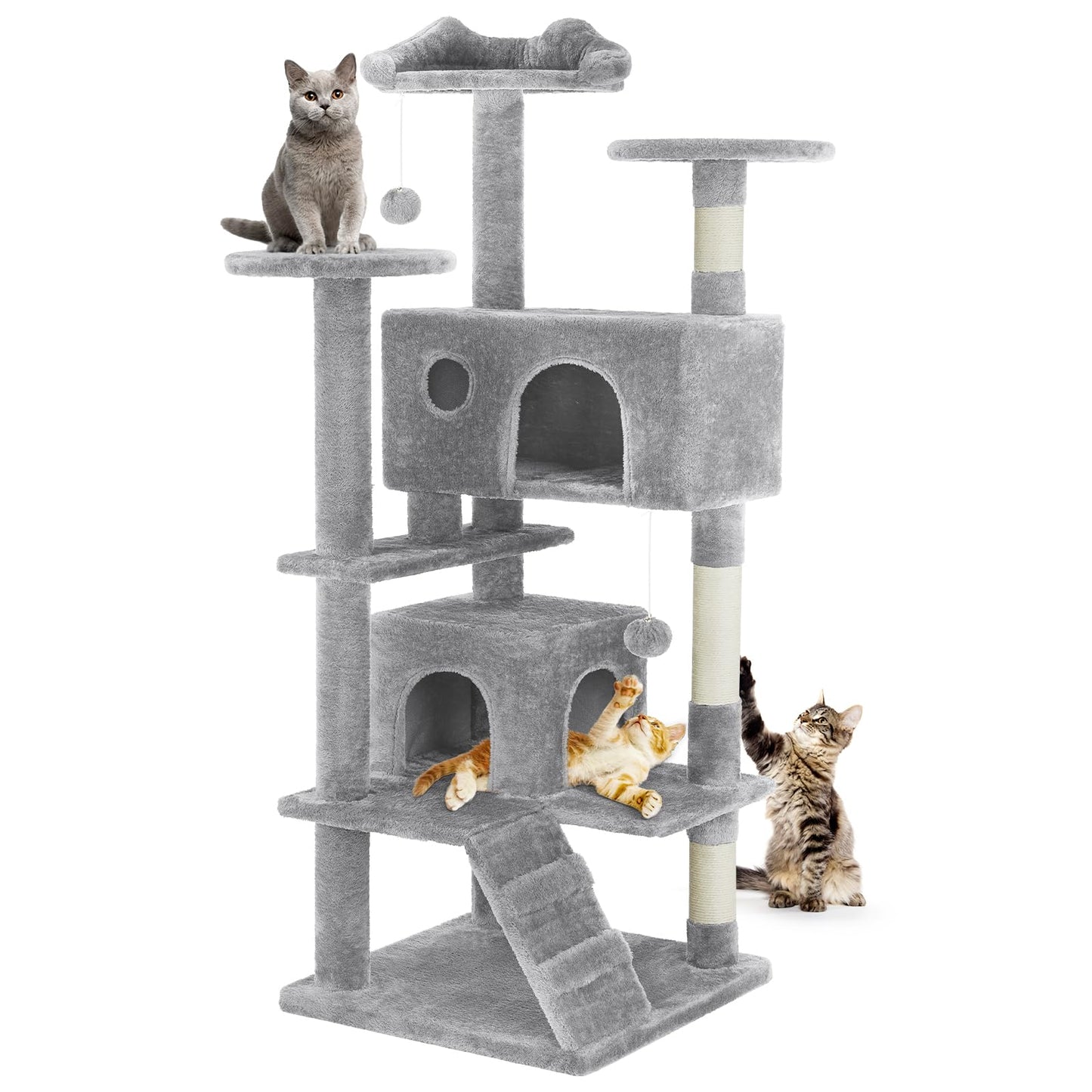 DUMOS 54-inch Indoor Cat Tree Tower –Multi-Level Pet House for Large Cats with 2 Condos, Scratching Posts, Round Platform, Small Ladder, and Toys, Light Grey