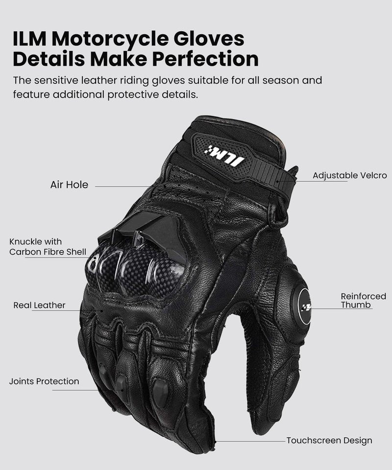 ILM Air Flow Leather Motorcycle Gloves Touchscreen for Men and Women Model-GRC01 (L, Black)