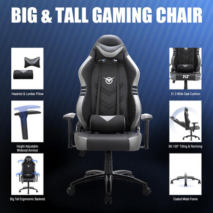 Big and Tall Gaming Chair 350lbs-Racing Style Computer Gamer Chair,Ergonomic Desk Office PC Chair with Wide Seat, Reclining Back, Adjustable Armrest for Adult Teens-Black/Grey