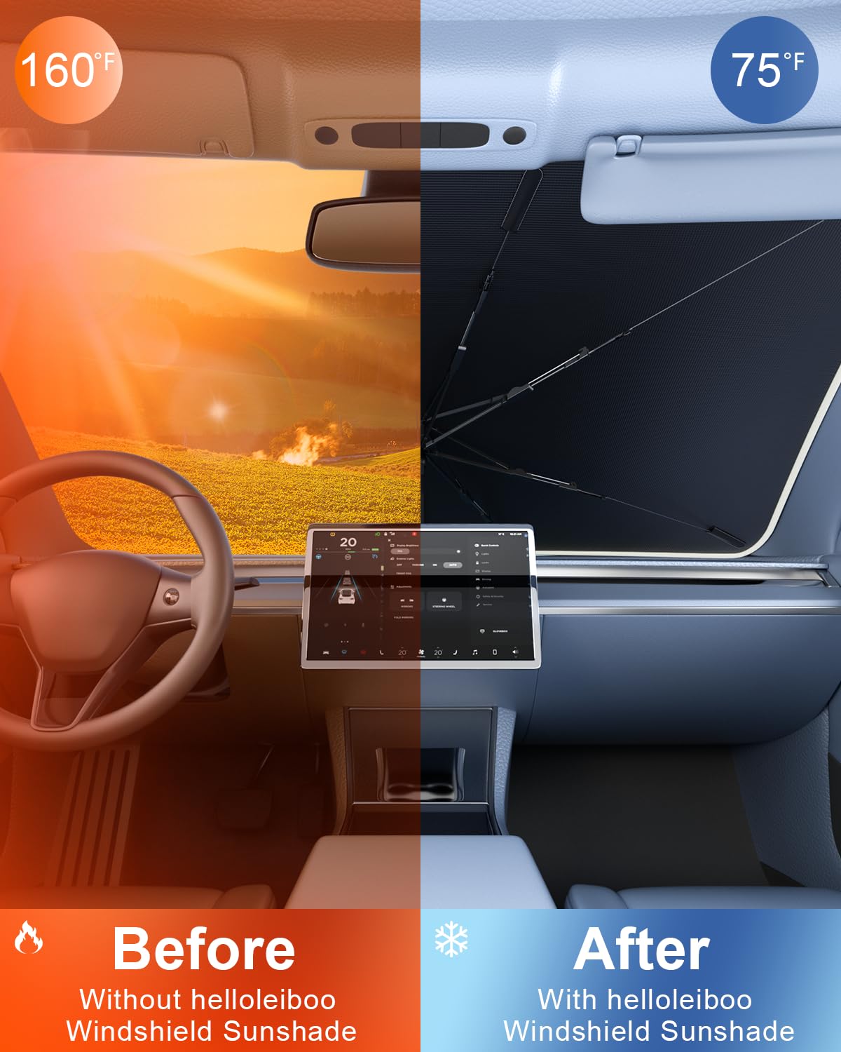 helloleiboo [2025 Upgraded] Car Windshield Sun Shade Umbrella 57"x 32" Windshield Sun Shade Foldable 5-Layer Thickened Vinyl Coating Reflective Polyester Blocks Heat & UV Rays for Medium Car Sedans