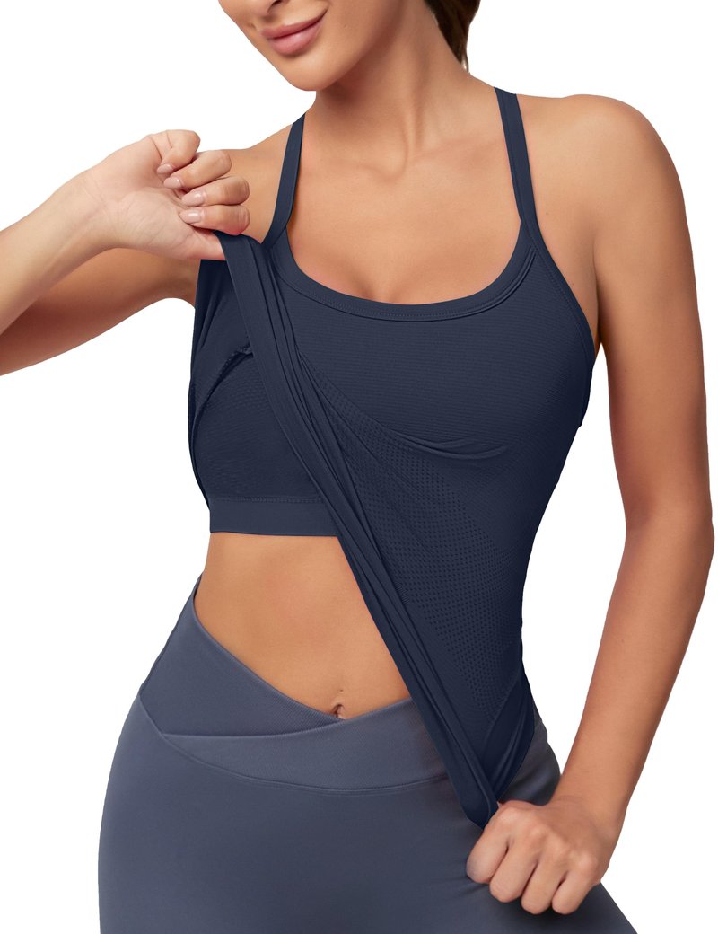 MathCat Workout Tank Tops for Women with Built in Bra, Sleeveless Gym Tops Seamless Racerback Athletic Yoga Shirts True Navy